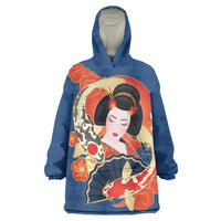 Japanese Geisha Koi Fish Wearable Blanket Hoodie Cherry Blossoms Blue Seigaiha Pattern - Polynesian Pride