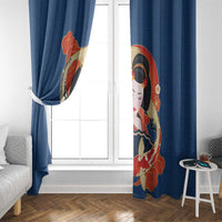 Japanese Geisha Koi Fish Window Curtain Cherry Blossoms Blue Seigaiha Pattern - Polynesian Pride
