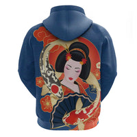 Japanese Geisha Koi Fish Zip Hoodie Cherry Blossoms Blue Seigaiha Pattern - Polynesian Pride