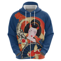 Japanese Geisha Koi Fish Zip Hoodie Cherry Blossoms Blue Seigaiha Pattern - Polynesian Pride
