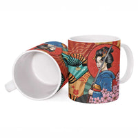 Japanese Geisha Katana Ceramic Mug Japan Sensu Seigaiha Pattern - Polynesian Pride