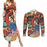 Japanese Geisha Katana Couples Matching Summer Maxi Dress and Long Sleeve Button Shirt Japan Sensu Seigaiha Pattern - Polynesian Pride