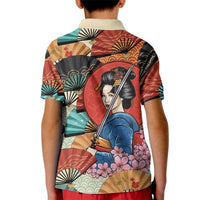 Japanese Geisha Katana Kid Polo Shirt Japan Sensu Seigaiha Pattern - Polynesian Pride