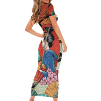 Japanese Geisha Katana Short Sleeve Bodycon Dress Japan Sensu Seigaiha Pattern - Polynesian Pride