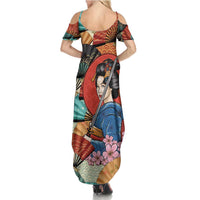 Japanese Geisha Katana Summer Maxi Dress Japan Sensu Seigaiha Pattern - Polynesian Pride