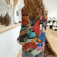 Japanese Geisha Katana Women Casual Shirt Japan Sensu Seigaiha Pattern - Polynesian Pride
