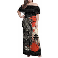 Japanese Dragon Katana Enso Family Matching Off Shoulder Maxi Dress and Hawaiian Shirt Japan Pagoda Seamless Cloud LT14 Mom's Dress Black - Polynesian Pride