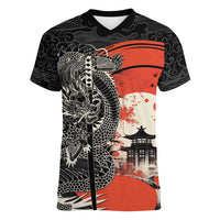 Japanese Dragon Katana Enso Women V-Neck T-Shirt Japan Pagoda Seamless Cloud - Polynesian Pride
