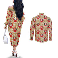 Japanese Daruma Doll Couples Matching Off The Shoulder Long Sleeve Dress and Long Sleeve Button Shirt Palaka With Seamless Bamboo Pattern - Polynesian Pride