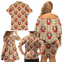 Japanese Daruma Doll Family Matching Off Shoulder Short Dress and Hawaiian Shirt Palaka With Seamless Bamboo Pattern LT14 - Polynesian Pride