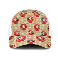 Japanese Daruma Doll Mesh Trucker Cap Palaka With Seamless Bamboo Pattern LT14 One Size White Beige - Polynesian Pride