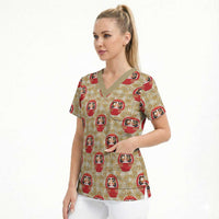 Japanese Daruma Doll Scrub Top Palaka With Seamless Bamboo Pattern - Polynesian Pride