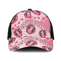 Japanese Daruma Doll Palaka Baseball Net Cap Cherry Blossoms With Shell Lei LT14 One Size Black Pink - Polynesian Pride