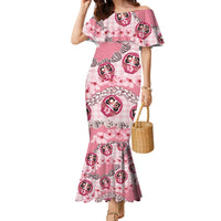 Japanese Daruma Doll Palaka Family Matching Mermaid Dress and Hawaiian Shirt Cherry Blossoms With Shell Lei LT14 Mom's Dress Pink - Polynesian Pride
