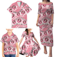 Japanese Daruma Doll Palaka Family Matching Puletasi and Hawaiian Shirt Cherry Blossoms With Shell Lei - Polynesian Pride