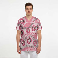 Japanese Daruma Doll Palaka Scrub Top Cherry Blossoms With Shell Lei - Polynesian Pride