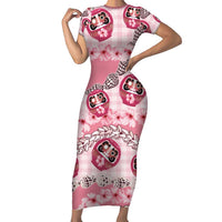 Japanese Daruma Doll Palaka Short Sleeve Bodycon Dress Cherry Blossoms With Shell Lei - Polynesian Pride