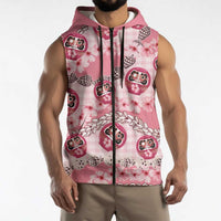 Japanese Daruma Doll Palaka Sleeveless Zip Hoodie Cherry Blossoms With Shell Lei - Polynesian Pride