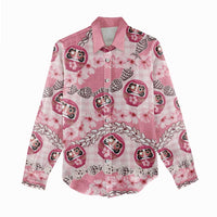 Japanese Daruma Doll Palaka Women Casual Shirt Cherry Blossoms With Shell Lei - Polynesian Pride