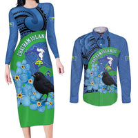 New Zealand Chatham Islands Couples Matching Long Sleeve Bodycon Dress and Long Sleeve Button Shirt Wharekauri Forget Me Not With Black Robin LT14 Blue - Polynesian Pride