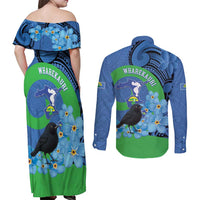 New Zealand Chatham Islands Couples Matching Off Shoulder Maxi Dress and Long Sleeve Button Shirt Wharekauri Forget Me Not With Black Robin