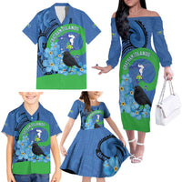 New Zealand Chatham Islands Family Matching Off The Shoulder Long Sleeve Dress and Hawaiian Shirt Wharekauri Forget Me Not With Black Robin LT14 - Polynesian Pride