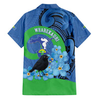 New Zealand Chatham Islands Family Matching Off The Shoulder Long Sleeve Dress and Hawaiian Shirt Wharekauri Forget Me Not With Black Robin LT14 - Polynesian Pride