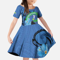 New Zealand Chatham Islands Family Matching Puletasi and Hawaiian Shirt Wharekauri Forget Me Not With Black Robin LT14 Daughter's Dress Blue - Polynesian Pride