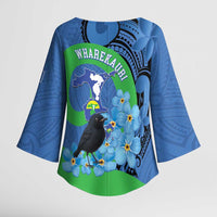New Zealand Chatham Islands Kimono Sleeve Blouse Wharekauri Forget Me Not With Black Robin - Polynesian Pride