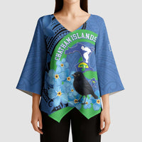 New Zealand Chatham Islands Kimono Sleeve Blouse Wharekauri Forget Me Not With Black Robin - Polynesian Pride
