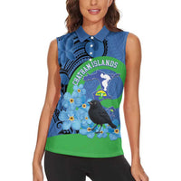New Zealand Chatham Islands Women Sleeveless Polo Shirt Wharekauri Forget Me Not With Black Robin LT14 - Polynesian Pride