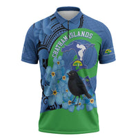 New Zealand Chatham Islands Zipper Polo Shirt Wharekauri Forget Me Not With Black Robin - Polynesian Pride