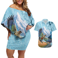 New Zealand South Island Couples Matching Off Shoulder Short Dress and Hawaiian Shirt Te Waipounamu Aoraki Kea Bird