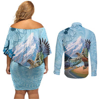 New Zealand South Island Couples Matching Off Shoulder Short Dress and Long Sleeve Button Shirt Te Waipounamu Aoraki Kea Bird LT14 - Polynesian Pride