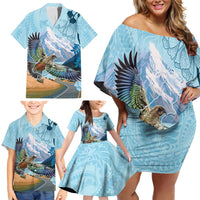 New Zealand South Island Family Matching Off Shoulder Short Dress and Hawaiian Shirt Te Waipounamu Aoraki Kea Bird