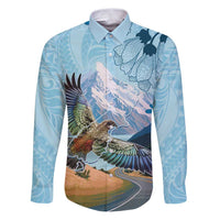 New Zealand South Island Family Matching Puletasi and Hawaiian Shirt Te Waipounamu Aoraki Kea Bird LT14 Dad's Shirt - Long Sleeve Blue - Polynesian Pride