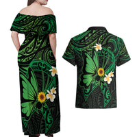 Polynesia Mental Health Awareness Couples Matching Off Shoulder Maxi Dress and Hawaiian Shirt Green Ribbon Be Kind To Your Mind