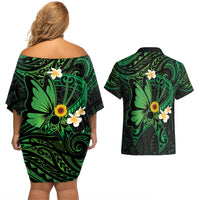 Polynesia Mental Health Awareness Couples Matching Off Shoulder Short Dress and Hawaiian Shirt Green Ribbon Be Kind To Your Mind