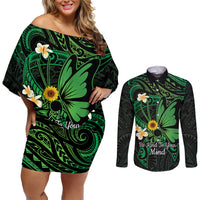 Polynesia Mental Health Awareness Couples Matching Off Shoulder Short Dress and Long Sleeve Button Shirt Green Ribbon Be Kind To Your Mind LT14 Green - Polynesian Pride