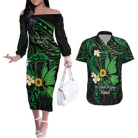 Polynesia Mental Health Awareness Couples Matching Off The Shoulder Long Sleeve Dress and Hawaiian Shirt Green Ribbon Be Kind To Your Mind