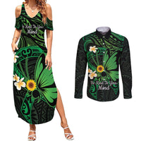 Polynesia Mental Health Awareness Couples Matching Summer Maxi Dress and Long Sleeve Button Shirt Green Ribbon Be Kind To Your Mind LT14 Green - Polynesian Pride