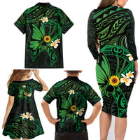 Polynesia Mental Health Awareness Family Matching Long Sleeve Bodycon Dress and Hawaiian Shirt Green Ribbon Be Kind To Your Mind