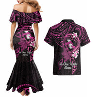 Polynesia Breast Cancer Awareness Couples Matching Mermaid Dress and Hawaiian Shirt Pink Ribbon No One Fights Alone - Black LT14 - Polynesian Pride
