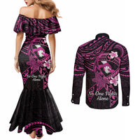 Polynesia Breast Cancer Awareness Couples Matching Mermaid Dress and Long Sleeve Button Shirt Pink Ribbon No One Fights Alone - Black
