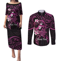Polynesia Breast Cancer Awareness Couples Matching Puletasi and Long Sleeve Button Shirt Pink Ribbon No One Fights Alone - Black LT14 Black - Polynesian Pride