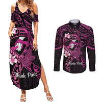 Polynesia Breast Cancer Awareness Couples Matching Summer Maxi Dress and Long Sleeve Button Shirt Pink Ribbon No One Fights Alone - Black LT14 Black - Polynesian Pride