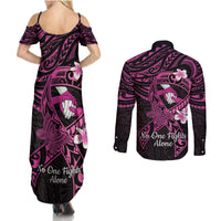 Polynesia Breast Cancer Awareness Couples Matching Summer Maxi Dress and Long Sleeve Button Shirt Pink Ribbon No One Fights Alone - Black LT14 - Polynesian Pride