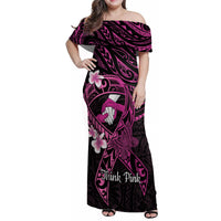 Polynesia Breast Cancer Awareness Family Matching Off Shoulder Maxi Dress and Hawaiian Shirt Pink Ribbon No One Fights Alone - Black