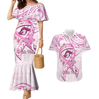 Polynesia Breast Cancer Awareness Couples Matching Mermaid Dress and Hawaiian Shirt Pink Ribbon No One Fights Alone - White LT14 White - Polynesian Pride