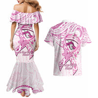 Polynesia Breast Cancer Awareness Couples Matching Mermaid Dress and Hawaiian Shirt Pink Ribbon No One Fights Alone - White LT14 - Polynesian Pride